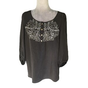 NEW Tibi Silk Dark Gray Embroidered 3/4 Sleeve Blouse - 6